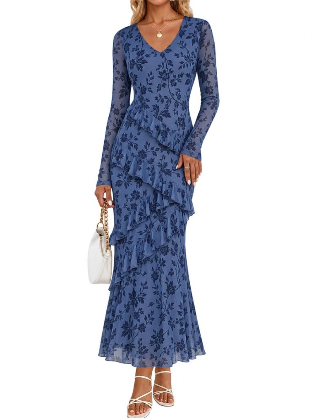 Womens Fall Wedding Guest Floral Long Sleeve Bodycon Maxi Dress